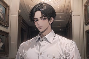  ((black very short hair)), (((dark skin:1.5))), ((center-parting bangs:1.4)), black eyes, ((mature)), serious, angular jaw, thick neck, wearing a (white shirt:1.3), by Raphael, masterpiece, upper body shot, magnificent indoor hall, Dichloe,1 man,1 boy