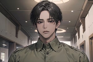  ((black very short hair)), (((dark skin:1.5))), ((center-parting bangs:1.4)), black eyes, ((mature)), serious, angular jaw, thick neck, wearing a (	Khaki shirt:1.3), by Raphael, masterpiece, upper body shot, magnificent indoor hall, Dichloe,1 man,1 boy