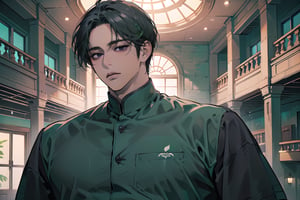  ((black very short hair)), (((dark skin:1.5))), ((center-parting bangs:1.4)), black eyes, ((mature)), serious, angular jaw, thick neck, wearing a (SeaGreen shirt:1.3), by Raphael, masterpiece, upper body shot, magnificent indoor hall, Dichloe,1 man,1 boy