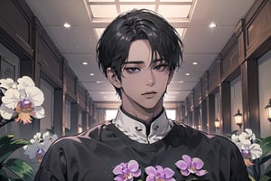  ((black very short hair)), (((dark skin:1.5))), ((center-parting bangs:1.4)), black eyes, ((mature)), serious, angular jaw, thick neck, wearing a (Orchid shirt:1.3), by Raphael, masterpiece, upper body shot, magnificent indoor hall, Dichloe,1 man,1 boy