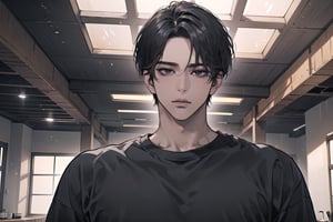  ((black very short hair)), (((dark skin:1.5))), ((center-parting bangs:1.4)), black eyes, ((mature)), serious, angular jaw, thick neck, wearing a (grey shirt:1.3), by Raphael, masterpiece, upper body shot, magnificent indoor hall, Dichloe,1 man,1 boy