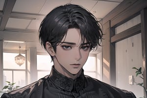  ((black very short hair)), (((dark skin:1.5))), ((center-parting bangs:1.4)), black eyes, ((mature)), serious, angular jaw, thick neck, wearing a (OldLace shirt:1.3), by Raphael, masterpiece, upper body shot, magnificent indoor hall, Dichloe,1 man,1 boy