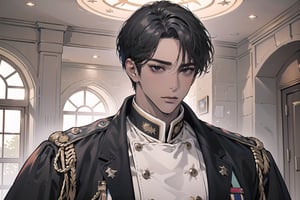  ((black very short hair)), (((dark skin:1.5))), ((center-parting bangs:1.4)), black eyes, ((mature)), serious, angular jaw, thick neck, wearing a (military uniform:1.3), long sleeve, by Raphael, masterpiece, upper body shot, magnificent indoor hall, Dichloe,1 man,1 boy