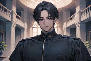  ((black very short hair)), (((dark skin:1.5))), ((center-parting bangs:1.4)), black eyes, ((mature)), serious, angular jaw, thick neck, wearing a (CadetBlue shirt:1.3), by Raphael, masterpiece, upper body shot, magnificent indoor hall, Dichloe,1 man,1 boy