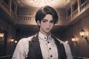  ((black very short hair)), (((dark skin:1.5))), ((center-parting bangs:1.4)), black eyes, ((mature)), serious, angular jaw, thick neck, wearing a (Vicotrian shirt:1.3), by Raphael, masterpiece, upper body shot, magnificent indoor hall, Dichloe,1 man,1 boy