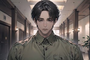  ((black very short hair)), (((dark skin:1.5))), ((center-parting bangs:1.4)), black eyes, ((mature)), serious, angular jaw, thick neck, wearing a (Khaki shirt:1.3), by Raphael, masterpiece, upper body shot, magnificent indoor hall, Dichloe,1 man,1 boy