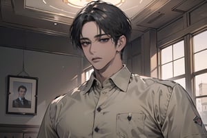  ((black very short hair)), (((dark skin:1.5))), ((center-parting bangs:1.4)), black eyes, ((mature)), serious, angular jaw, thick neck, wearing a (Khaki shirt:1.3), by Raphael, masterpiece, upper body shot, magnificent indoor hall, Dichloe,1 man,1 boy