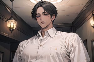  ((black very short hair)), (((dark skin:1.5))), ((center-parting bangs:1.4)), black eyes, ((mature)), serious, angular jaw, thick neck, wearing a (Tan shirt:1.3), by Raphael, masterpiece, upper body shot, magnificent indoor hall, Dichloe,1 man,1 boy