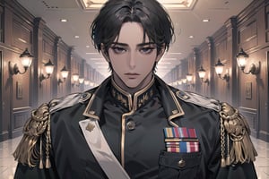  ((black very short hair)), (((dark skin:1.5))), ((center-parting bangs:1.4)), black eyes, ((mature)), serious, angular jaw, thick neck, wearing a (military uniform:1.3), long sleeve, by Raphael, masterpiece, upper body shot, magnificent indoor hall, Dichloe,1 man,1 boy