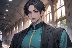  ((black very short hair)), (((dark skin:1.5))), ((center-parting bangs:1.4)), black eyes, ((mature)), serious, angular jaw, thick neck, wearing a (Cyan shirt:1.3), by Raphael, masterpiece, upper body shot, magnificent indoor hall, Dichloe,1 man,1 boy