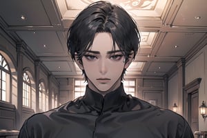  ((black very short hair)), (((dark skin:1.5))), ((center-parting bangs:1.4)), black eyes, ((mature)), serious, angular jaw, thick neck, wearing a (grey shirt:1.3), by Raphael, masterpiece, upper body shot, magnificent indoor hall, Dichloe,1 man,1 boy