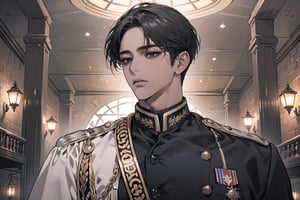  ((black very short hair)), (((dark skin:1.5))), ((center-parting bangs:1.4)), black eyes, ((mature)), serious, angular jaw, thick neck, wearing a (military uniform:1.3), long sleeve, by Raphael, masterpiece, upper body shot, magnificent indoor hall, Dichloe,1 man,1 boy