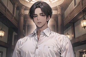  ((black very short hair)), (((dark skin:1.5))), ((center-parting bangs:1.4)), black eyes, ((mature)), serious, angular jaw, thick neck, wearing a (white shirt:1.3), long sleeve, by Raphael, masterpiece, upper body shot, magnificent indoor hall, Dichloe,1 man,1 boy