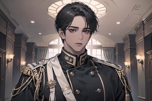  ((black very short hair)), (((dark skin:1.5))), ((center-parting bangs:1.4)), black eyes, ((mature)), serious, angular jaw, thick neck, wearing a (military uniform:1.3), long sleeve, by Raphael, masterpiece, upper body shot, magnificent indoor hall, Dichloe,1 man,1 boy