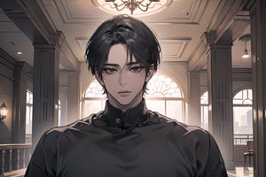  ((black very short hair)), (((dark skin:1.5))), ((center-parting bangs:1.4)), black eyes, ((mature)), serious, angular jaw, thick neck, wearing a (grey shirt:1.3), by Raphael, masterpiece, upper body shot, magnificent indoor hall, Dichloe,1 man,1 boy