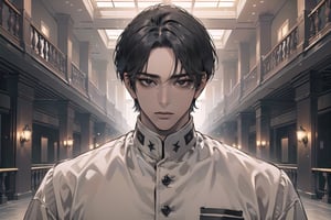  ((black very short hair)), (((dark skin:1.5))), ((center-parting bangs:1.4)), black eyes, ((mature)), serious, angular jaw, thick neck, wearing a (OliveDrab shirt:1.3), by Raphael, masterpiece, upper body shot, magnificent indoor hall, Dichloe,1 man,1 boy