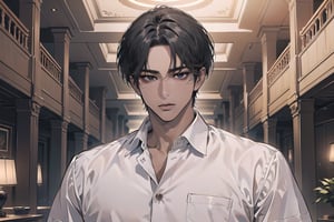  ((black very short hair)), (((dark skin:1.5))), ((center-parting bangs:1.4)), black eyes, ((mature)), serious, angular jaw, thick neck, wearing a (white shirt:1.3), by Raphael, masterpiece, upper body shot, magnificent indoor hall, Dichloe,1 man,1 boy