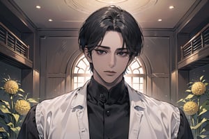  ((black very short hair)), (((dark skin:1.5))), ((center-parting bangs:1.4)), black eyes, ((mature)), serious, angular jaw, thick neck, wearing a (Cornsilk shirt:1.3), by Raphael, masterpiece, upper body shot, magnificent indoor hall, Dichloe,1 man,1 boy