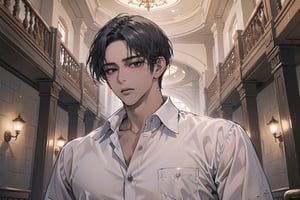  ((black very short hair)), (((dark skin:1.5))), ((center-parting bangs:1.4)), black eyes, ((mature)), serious, angular jaw, thick neck, wearing a (Linen shirt:1.3), by Raphael, masterpiece, upper body shot, magnificent indoor hall, Dichloe,1 man,1 boy