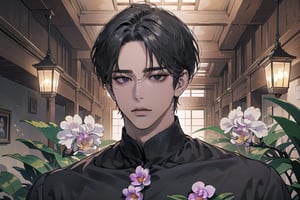  ((black very short hair)), (((dark skin:1.5))), ((center-parting bangs:1.4)), black eyes, ((mature)), serious, angular jaw, thick neck, wearing a (Orchid shirt:1.3), by Raphael, masterpiece, upper body shot, magnificent indoor hall, Dichloe,1 man,1 boy