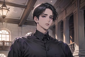  ((black very short hair)), (((dark skin:1.5))), ((center-parting bangs:1.4)), black eyes, ((mature)), serious, angular jaw, thick neck, wearing a (purple shirt:1.3), by Raphael, masterpiece, upper body shot, magnificent indoor hall, Dichloe,1 man,1 boy