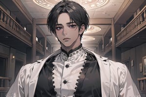  ((black very short hair)), (((dark skin:1.5))), ((center-parting bangs:1.4)), black eyes, ((mature)), serious, angular jaw, thick neck, wearing a (OldLace shirt:1.3), by Raphael, masterpiece, upper body shot, magnificent indoor hall, Dichloe,1 man,1 boy