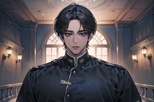  ((black very short hair)), (((dark skin:1.5))), ((center-parting bangs:1.4)), black eyes, ((mature)), serious, angular jaw, thick neck, wearing a (CadetBlue shirt:1.3), by Raphael, masterpiece, upper body shot, magnificent indoor hall, Dichloe,1 man,1 boy