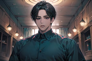  ((black very short hair)), (((dark skin:1.5))), ((center-parting bangs:1.4)), black eyes, ((mature)), serious, angular jaw, thick neck, wearing a (Teal shirt:1.3), by Raphael, masterpiece, upper body shot, magnificent indoor hall, Dichloe,1 man,1 boy