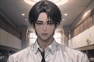  ((black very short hair)), (((dark skin:1.5))), ((center-parting bangs:1.4)), black eyes, ((mature)), serious, angular jaw, thick neck, wearing a (white shirt:1.3), by Raphael, masterpiece, upper body shot, magnificent indoor hall, Dichloe,1 man,1 boy