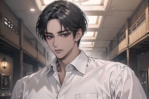  ((black very short hair)), (((dark skin:1.5))), ((center-parting bangs:1.4)), black eyes, ((mature)), serious, angular jaw, thick neck, wearing a (white shirt:1.3), by Raphael, masterpiece, upper body shot, magnificent indoor hall, Dichloe,1 man,1 boy