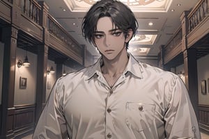  ((black very short hair)), (((dark skin:1.5))), ((center-parting bangs:1.4)), black eyes, ((mature)), serious, angular jaw, thick neck, wearing a (	Khaki shirt:1.3), by Raphael, masterpiece, upper body shot, magnificent indoor hall, Dichloe,1 man,1 boy