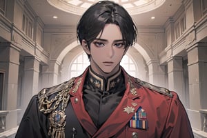  ((black very short hair)), (((dark skin:1.5))), ((center-parting bangs:1.4)), black eyes, ((mature)), serious, angular jaw, thick neck, wearing a (military uniform:1.3), long sleeve, by Raphael, masterpiece, upper body shot, magnificent indoor hall, Dichloe,1 man,1 boy