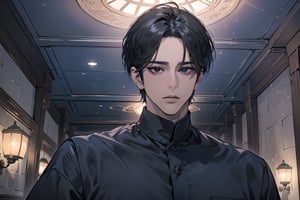  ((black very short hair)), (((dark skin:1.5))), ((center-parting bangs:1.4)), black eyes, ((mature)), serious, angular jaw, thick neck, wearing a (blue shirt:1.3), by Raphael, masterpiece, upper body shot, magnificent indoor hall, Dichloe,1 man,1 boy