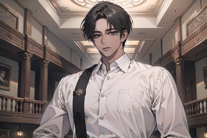  ((black very short hair)), (((dark skin:1.5))), ((center-parting bangs:1.4)), black eyes, ((mature)), serious, angular jaw, thick neck, wearing a (white shirt:1.3), long sleeve, by Raphael, masterpiece, upper body shot, magnificent indoor hall, Dichloe,1 man,1 boy