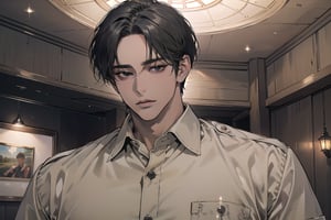  ((black very short hair)), (((dark skin:1.5))), ((center-parting bangs:1.4)), black eyes, ((mature)), serious, angular jaw, thick neck, wearing a (Khaki shirt:1.3), by Raphael, masterpiece, upper body shot, magnificent indoor hall, Dichloe,1 man,1 boy