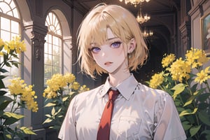 ((Goldenrod hair)), bob cut, bangs, purple eyes, ((small chest:1.1)), wearing a ((white shirt:1.3)), red tie, by Raphael, masterpiece, upper body shot, magnificent indoor hall,Argissa,1 girl,Neonie,1girl