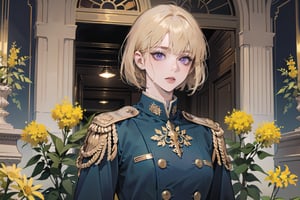 ((Goldenrod hair)), bob cut, bangs, purple eyes, ((small chest:1.1)), wearing a ((military uniform:1.3)), by Raphael, masterpiece, upper body shot, magnificent indoor hall, Neonie, 1girl