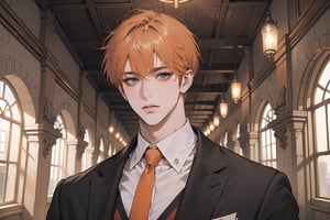 ((bangs)), ((orange short curly hair)), (freckle), green eyes, handsome, angular jaw, thick neck, shy, ((white)) ((school uniform)), ((red tie:1.3)), by Raphael, masterpiece, upper body shot, magnificent indoor hall, Riadon,1 boy,1 man