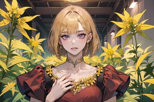 ((Goldenrod hair:1.5)), bob cut, bangs, purple eyes, ((small chest:1.1)), wearing a ((DarkRed dress:1.3)), short sleeve, by Raphael, masterpiece, upper body shot, magnificent indoor hall, Neonie, 1girl