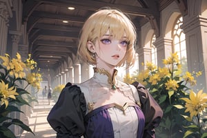 ((Goldenrod hair)), bob cut, bangs, purple eyes, ((small chest:1.1)), wearing a ((dress:1.3)), prince, =by Raphael, masterpiece, upper body shot, magnificent indoor hall, Neonie, 1girl