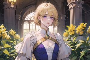 ((Goldenrod hair)), bob cut, bangs, purple eyes, ((small chest:1.1)), wearing a ((dress:1.3)), prince, =by Raphael, masterpiece, upper body shot, magnificent indoor hall, Neonie, 1girl