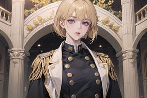 ((Goldenrod hair)), bob cut, bangs, purple eyes, ((small chest:1.1)), wearing a ((military uniform:1.3)), by Raphael, masterpiece, upper body shot, magnificent indoor hall, Neonie, 1girl