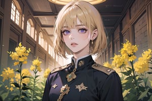 ((Goldenrod hair)), bob cut, bangs, purple eyes, ((small chest:1.1)), wearing a ((military uniform:1.3)), by Raphael, masterpiece, upper body shot, magnificent indoor hall, Neonie, 1girl