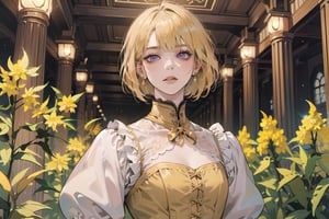 ((Goldenrod hair:1.5)), bob cut, bangs, purple eyes, ((small chest:1.1)), wearing a ((OldLace Victorian dress:1.3)), long sleeve, by Raphael, masterpiece, upper body shot, magnificent indoor hall, Neonie, 1girl