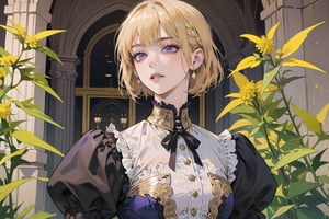 ((Goldenrod hair:1.5)), bob cut, bangs, purple eyes, ((small chest:1.1)), wearing a ((OldLace Victorian dress:1.3)), long sleeve, by Raphael, masterpiece, upper body shot, magnificent indoor hall, Neonie, 1girl