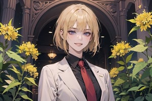 ((Goldenrod hair)), bob cut, bangs, purple eyes, (smirk), ((small chest:1.1)), wearing a ((suit)), red tie, by Raphael, masterpiece, upper body shot, magnificent indoor hall,Argissa,1 girl,Neonie,1girl