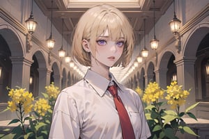 ((Goldenrod hair)), bob cut, bangs, purple eyes, ((small chest:1.1)), wearing a ((white shirt:1.3)), red tie, by Raphael, masterpiece, upper body shot, magnificent indoor hall,Argissa,1 girl,Neonie,1girl