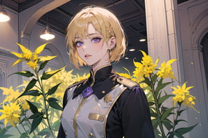 ((Goldenrod hair:1.5)), bob cut, bangs, purple eyes, ((small chest:1.1)), wearing a ((white mikitary uniform:1.3)), by Raphael, masterpiece, upper body shot, magnificent indoor hall, Neonie, 1girl