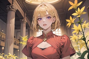 ((Goldenrod hair:1.5)), bob cut, bangs, purple eyes, ((small chest:1.1)), wearing a ((LightCoral dress:1.3)), short sleeve, by Raphael, masterpiece, upper body shot, magnificent indoor hall, Neonie, 1girl