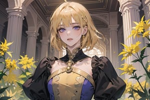 ((Goldenrod hair:1.5)), bob cut, bangs, purple eyes, ((small chest:1.1)), wearing a ((royal Victorian dress:1.3)), long sleeve, by Raphael, masterpiece, upper body shot, magnificent indoor hall, Neonie, 1girl